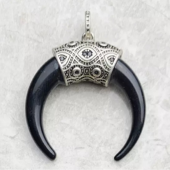 Sterling silver moon & handcrafted stainless steel links long chain necklace - Picture 8 of 16